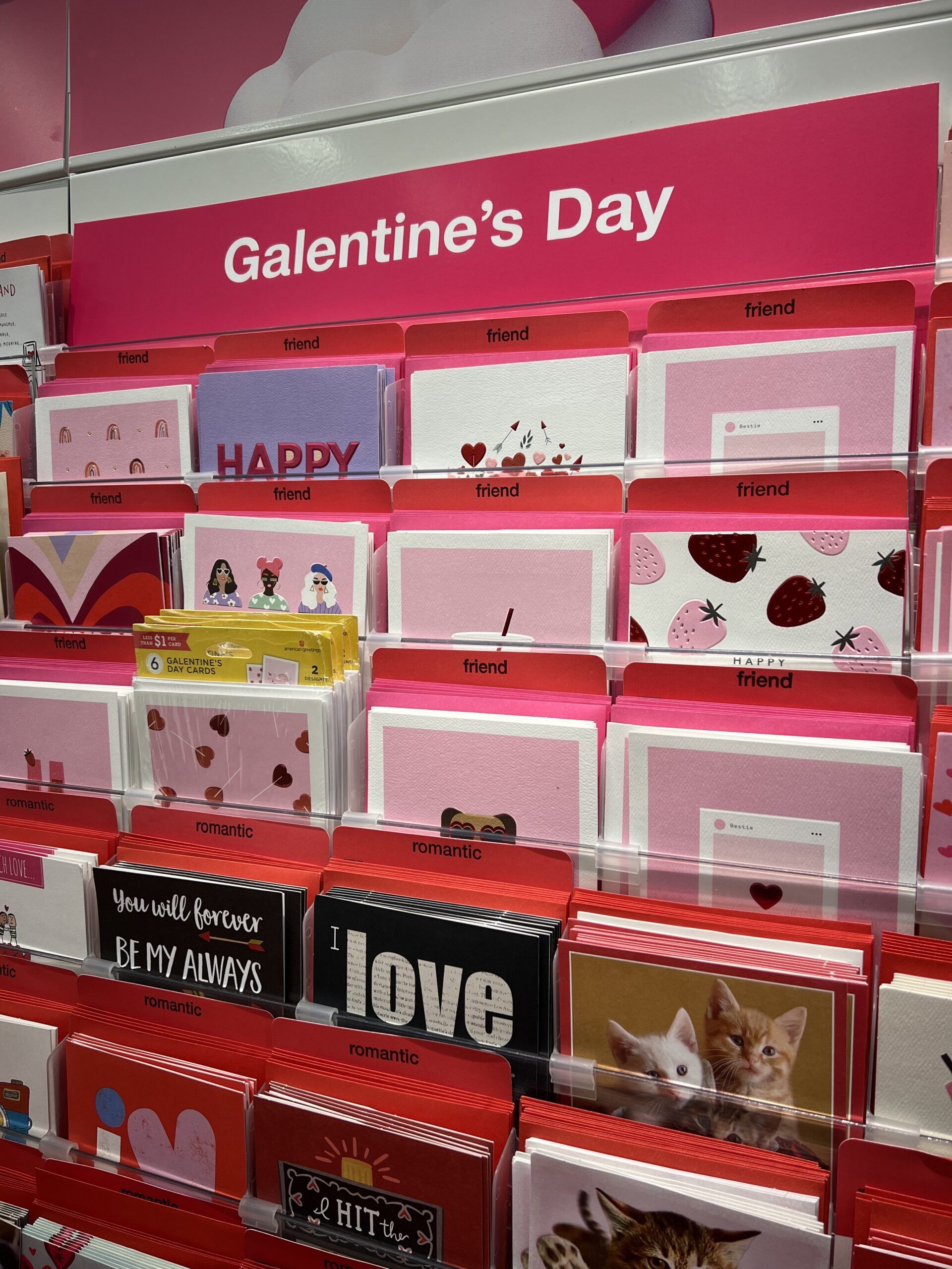 Galentine card display in a store